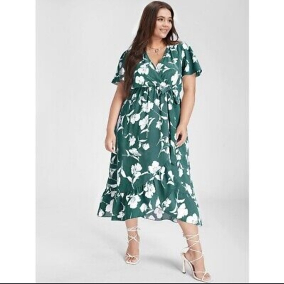 BloomChic faux wrap but has elastic waist dress size 12 green white floral - Picture 2 of 8